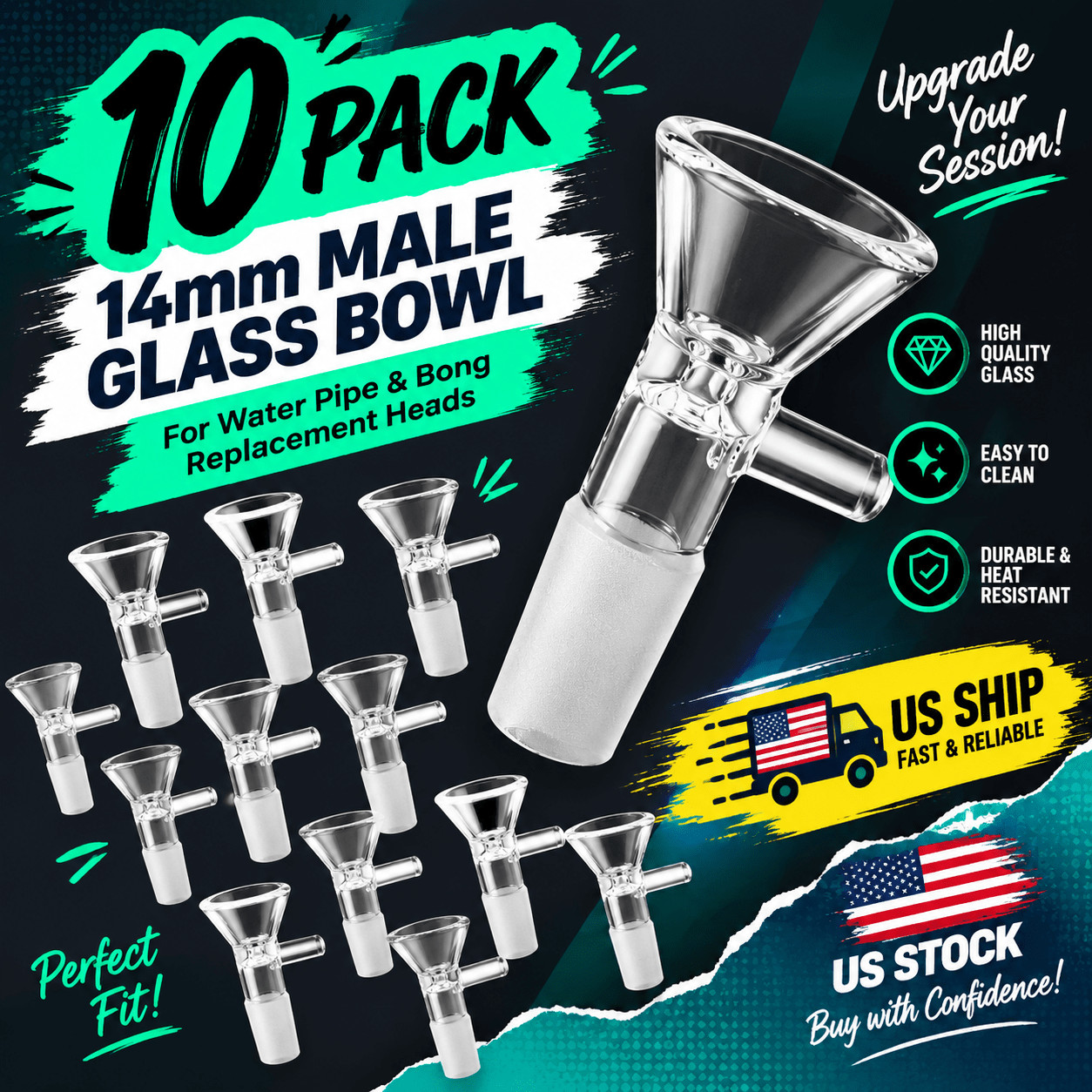 10 Pack 14mm Male Glass Bowl Slide for Water Pipe Bong Replacement US Ship