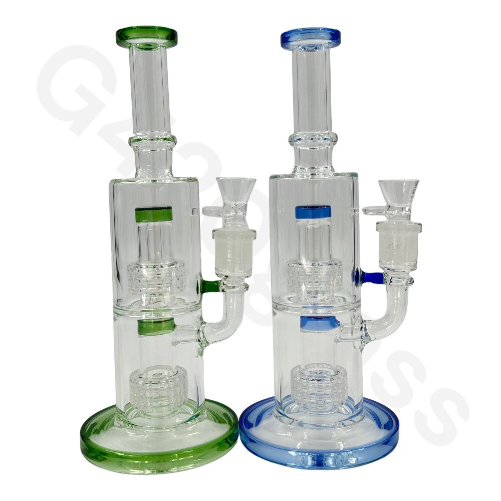11&Prime; Glass Water Pipe Bong 5mm Thick Double Perc w/ Bowl – Blue or Green Color