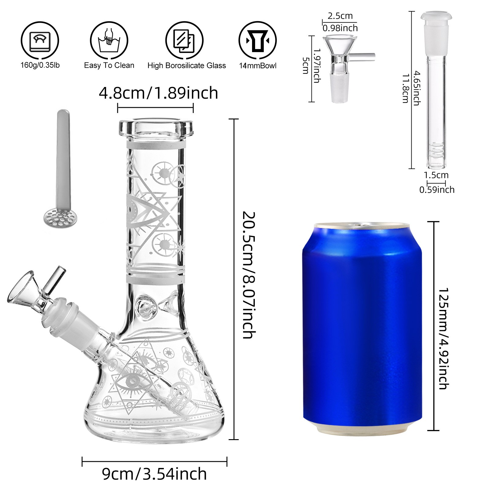 8&Prime;Eye Glow in Dark Glass Bong Water Pipe Beaker 14mm Bowl Smoking Tobacco Screen
