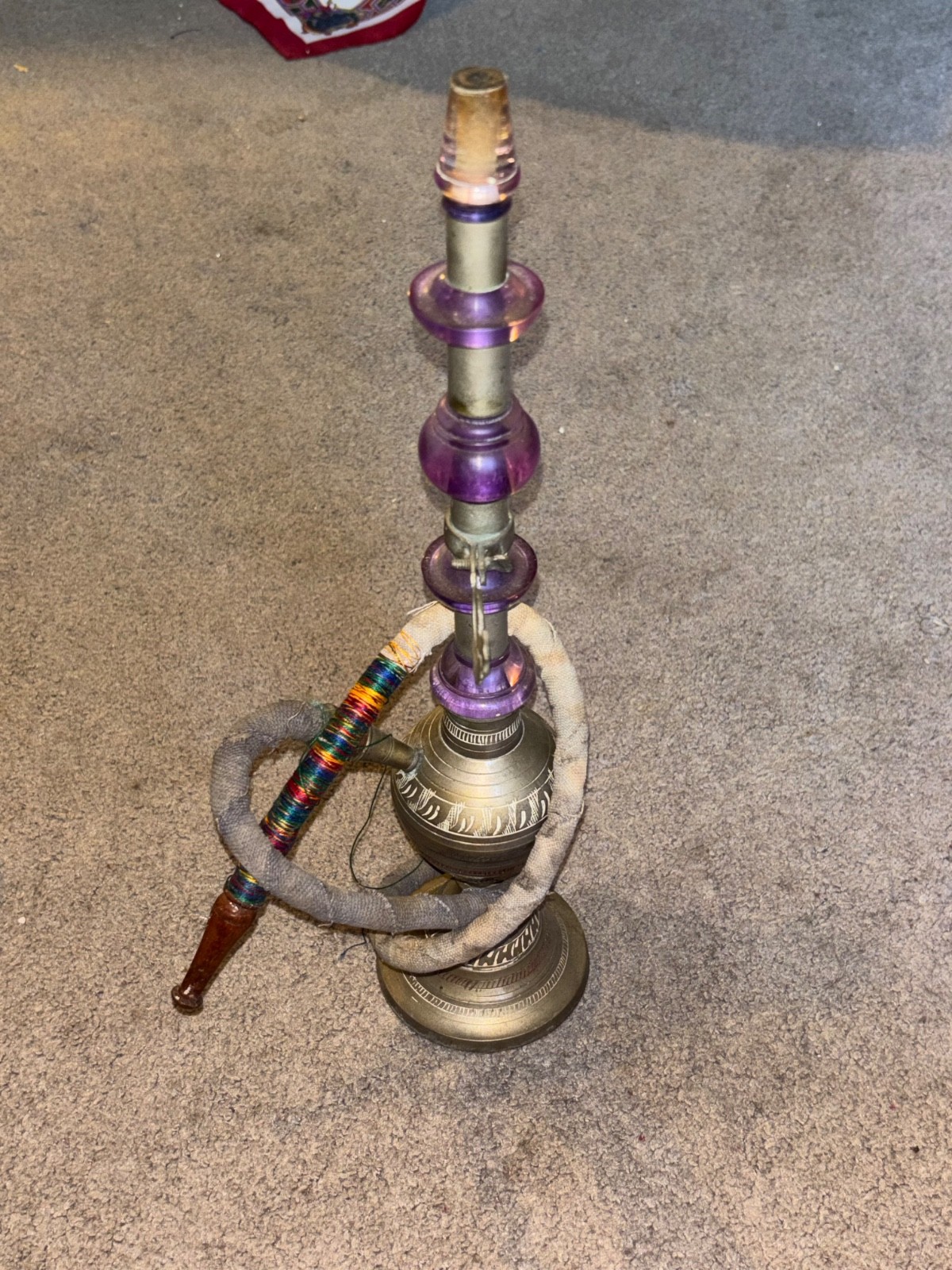 Vintage Indian Etched Brass and Purple Hookah Water Pipe Tobbaciana Missing Bowl