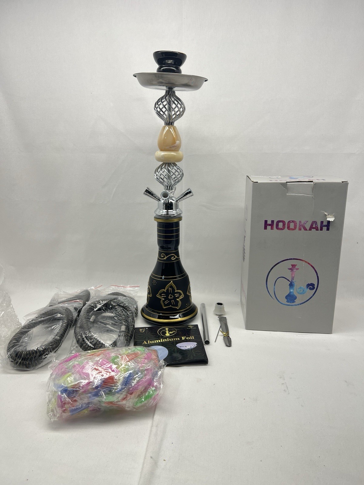 Hookah Glass & Ceramic Pipe Set with 4 Hoses, accessories – Black & White NEW