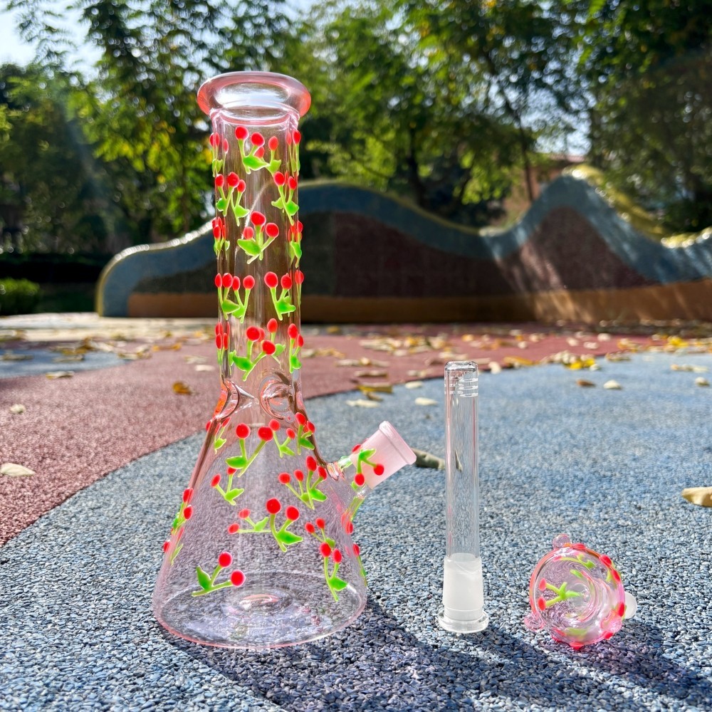 10 » Hand-Painted Glowing Cherry Glass Bong Beaker Bubbler Hookah Water Pipe