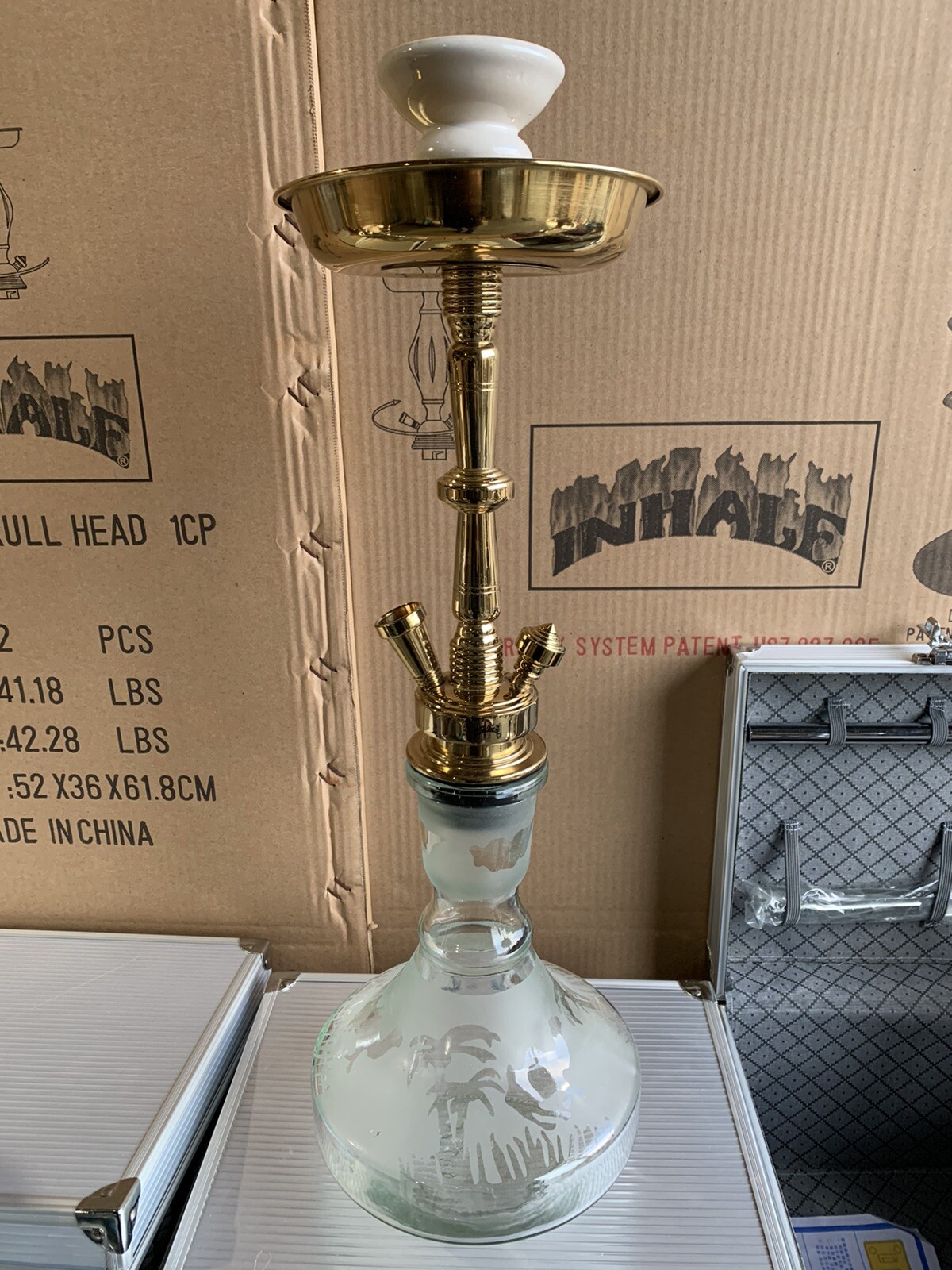 INHALE 21’’ HEAVY DUTY SOLID BRASS HOOKAH IN A SUITCASE *PALMS/CAMEL CLEAR *