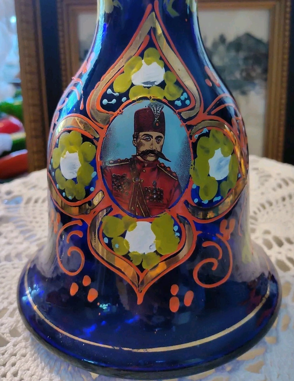 Antiq Hand Painted Persian Hookah Glass Bottle Cobalt Blue/Purplish Gold Accents
