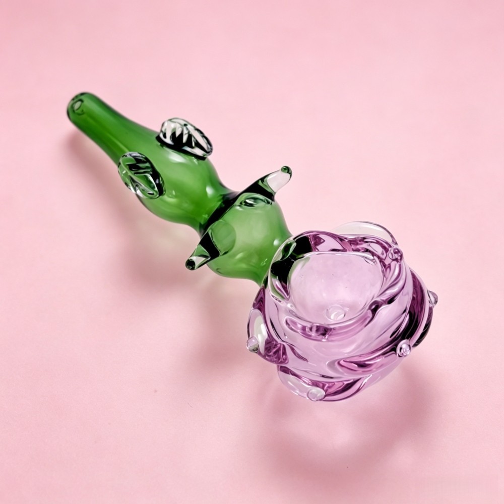 4 » Pink Roses Glass Hand Pipe Green Leaf Design Unique Tobacco Pipe Handmade