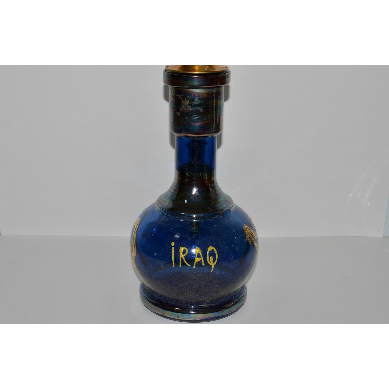 Brass Hookah, Cobalt Blue Glass, Karkook Iraq Souvenir, Camel Motif Water Pipe
