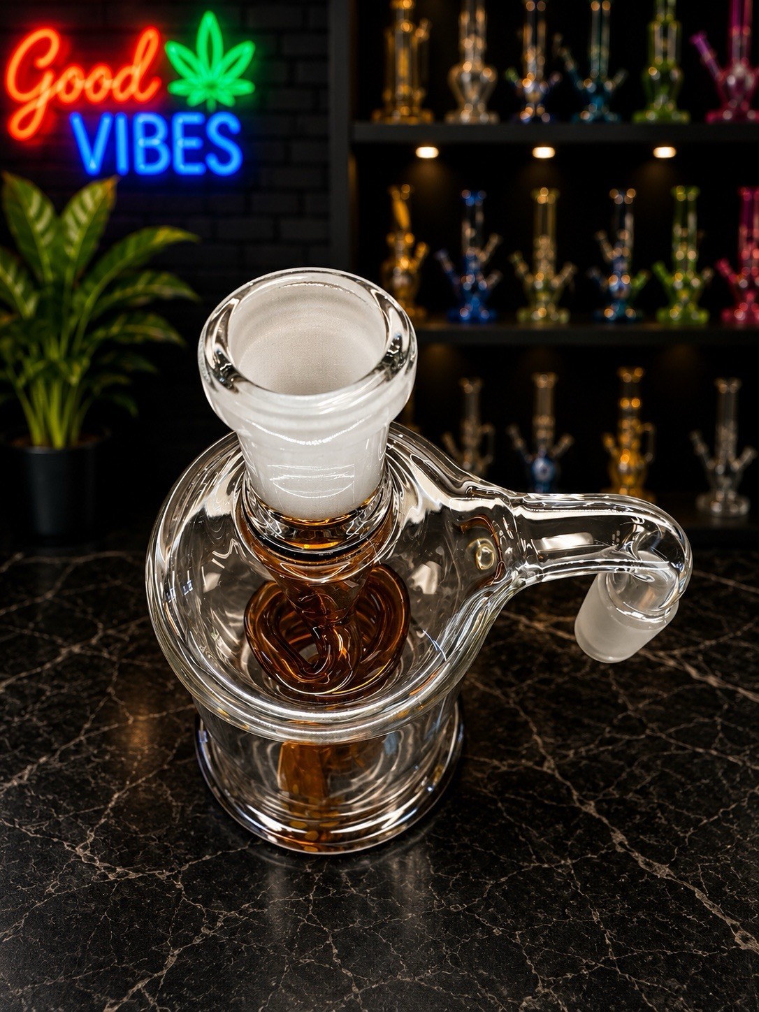 Premium Glass Ash Catcher-Amber Spiral Recycler 14mm Joint 90° For Tobacco 18+