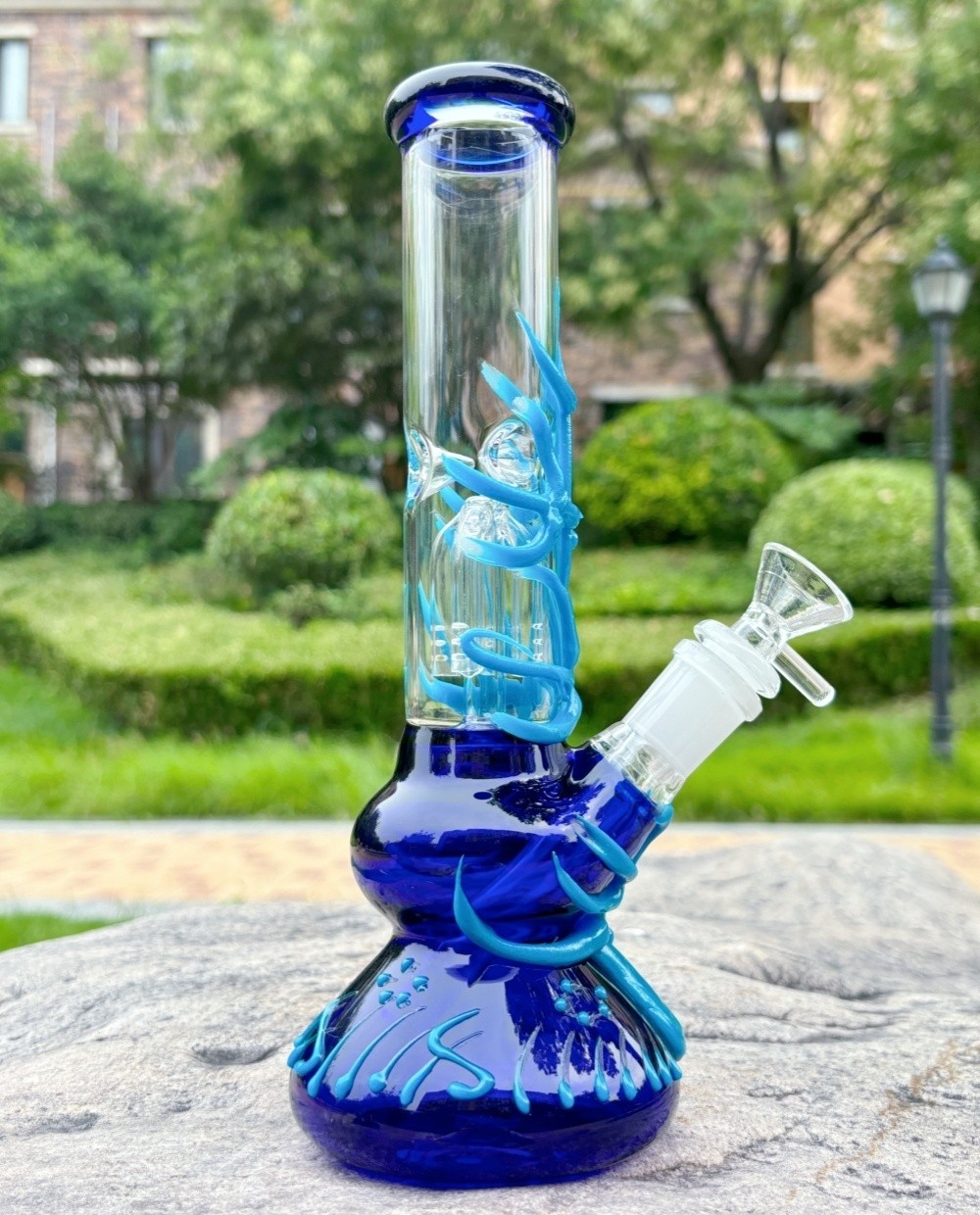 10&Prime; Glow in the Dark Glass Bong Tobacco Bubbler Smoking Water Pipe blue W/Bowl