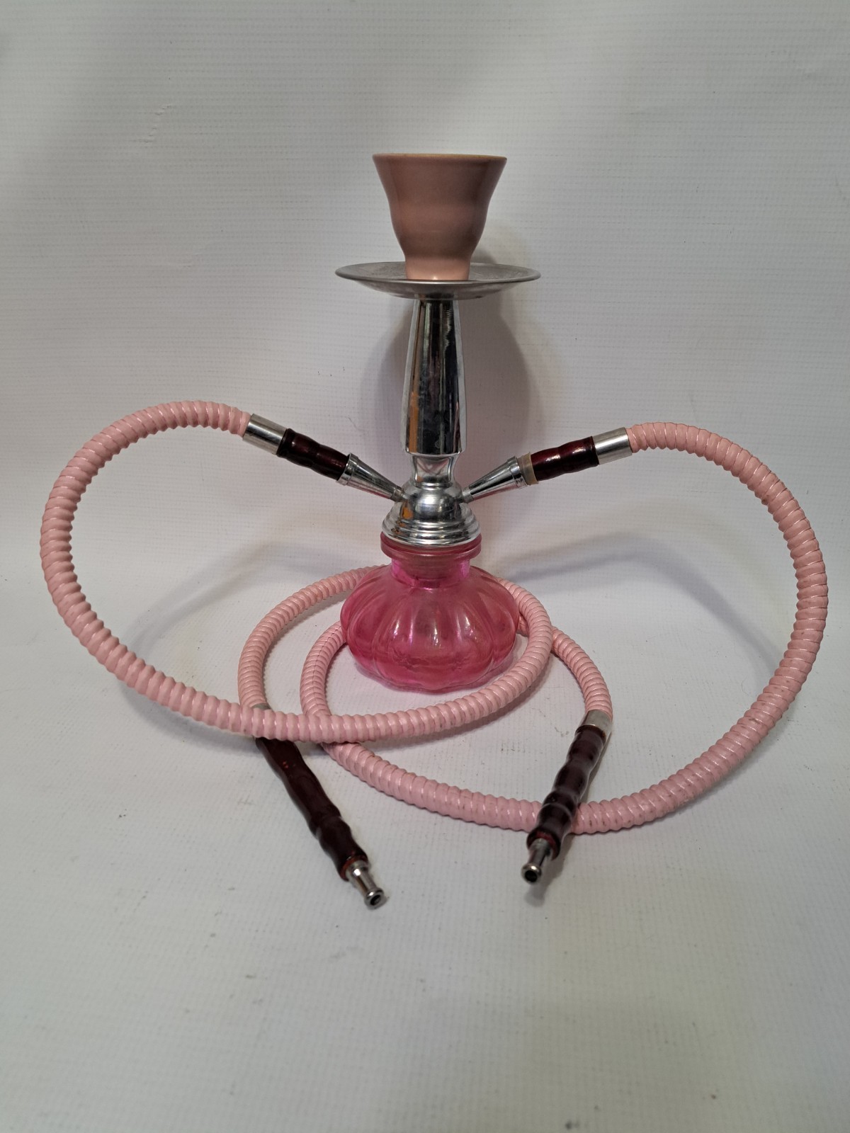 Pink Vintage 11 Inch Double 2 Hose Hookah Glass Chrome Metal Wood Ceramic Bong