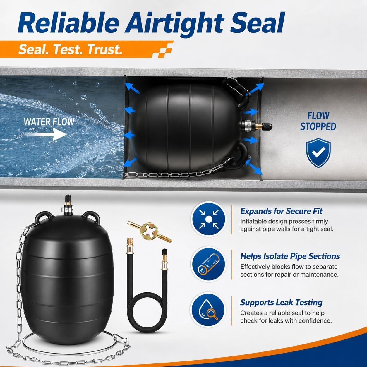 Inflatable Pipe Test Plug – 3 Inch with 39.37&Prime; Rubber Hose & Anti-Fall Ring
