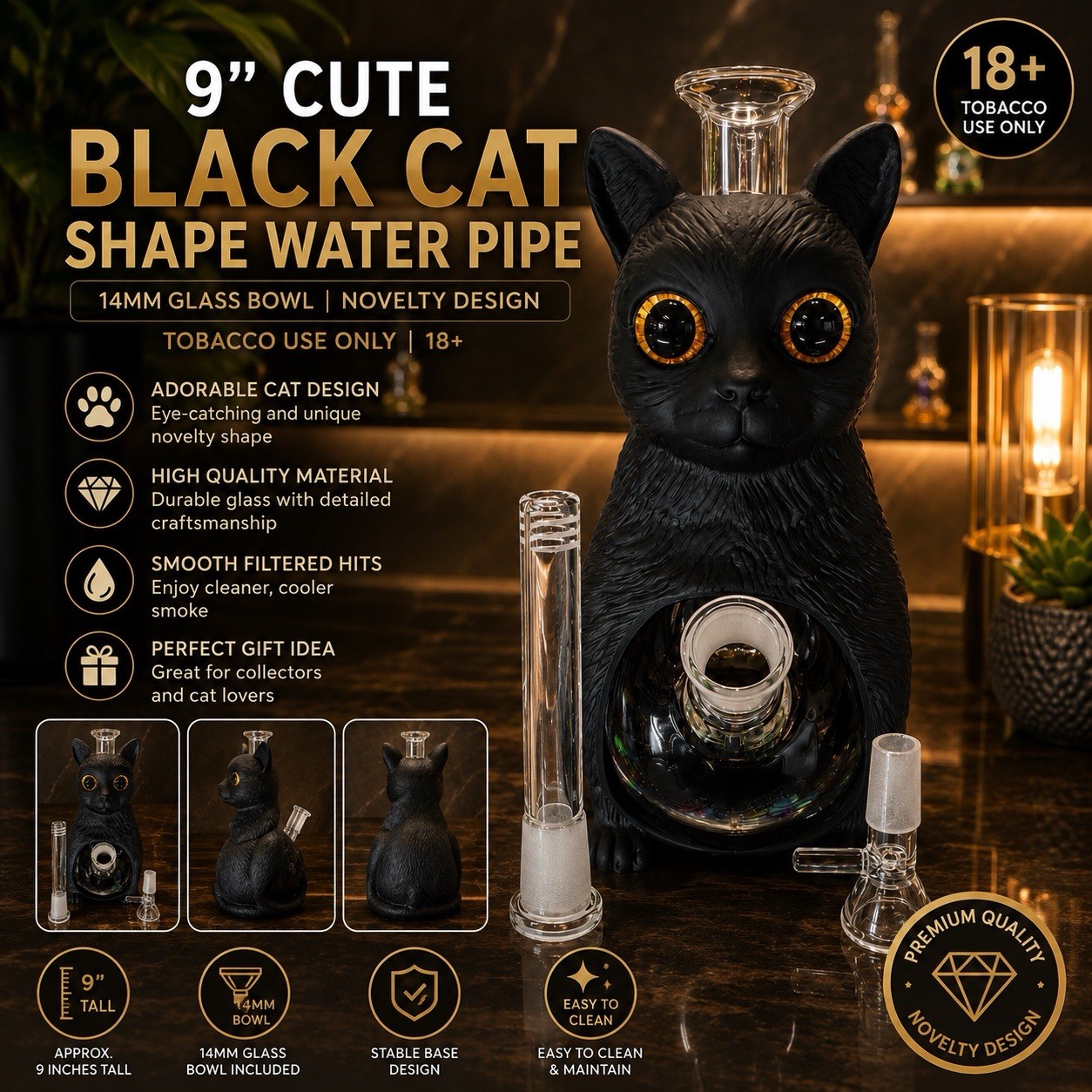 🐱9”Cute Cat Shape Glass Water Pipe 14 MM-Novelty Design-Tobacco Use Only-18+🐱