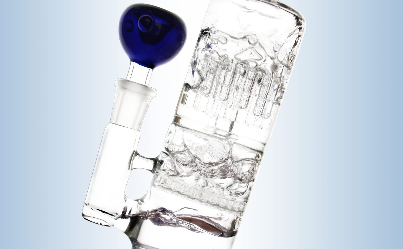 10&Prime; Double Honeycomb Filter Handmade Clear Glass Art Pipe Blue Base Ornament