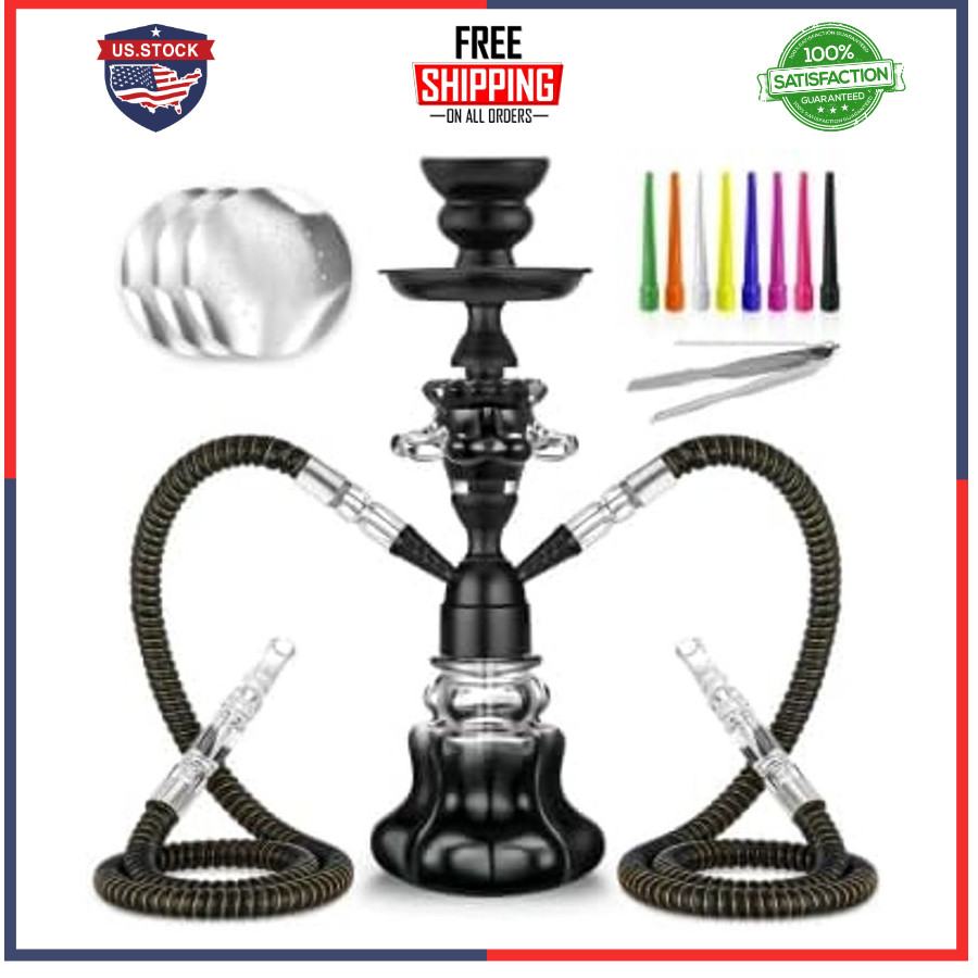Hookah Set 14 Inch Shisha Complete Kit Glass Vase Leather Hose Ceramic Bowl Coal