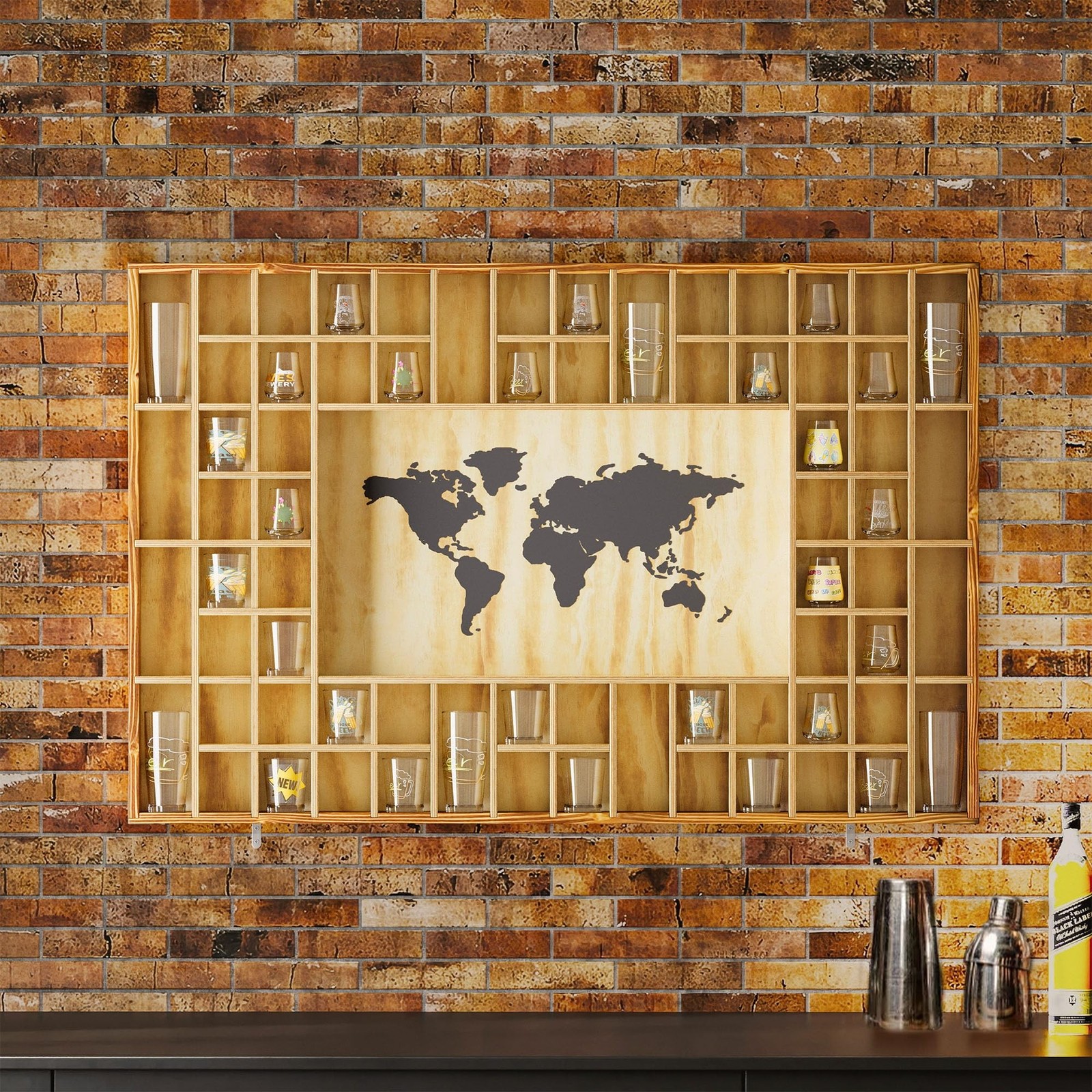 68 Large World Map Shot Glass Display Case Rustic Shot Glass Holder 37x 24.4i…