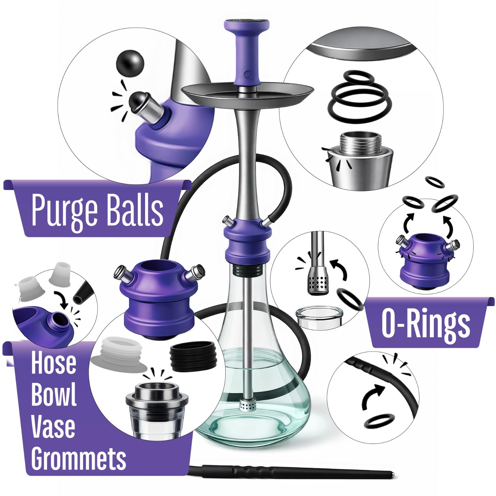Silicone Rubber Hookah Grommets Set for Bowl, Stem, Base & Hose – Large Size