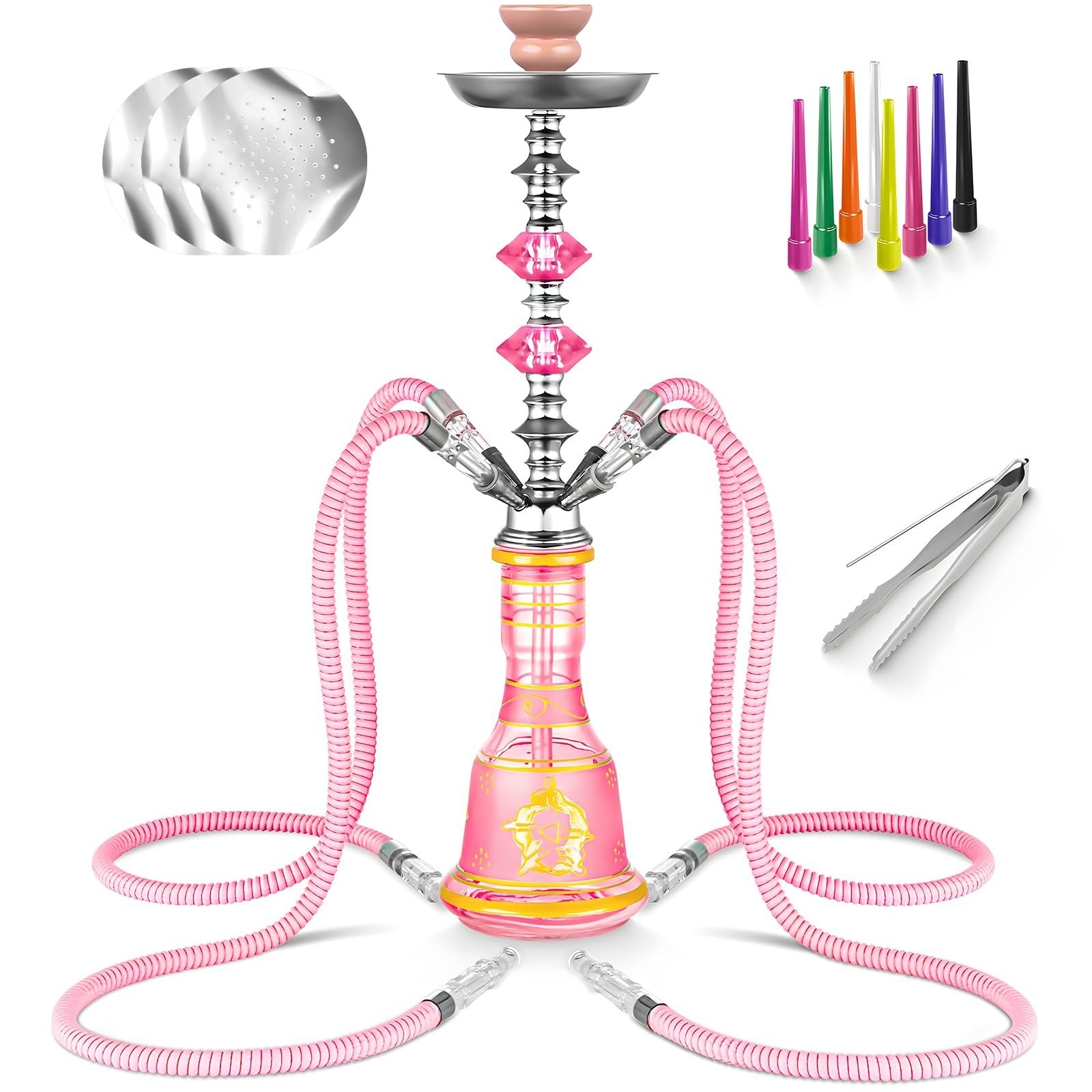 HOKASET 4 Hose Hookah Set 21&Prime; with Ceramic Bowl & Accessories – Deep Purple