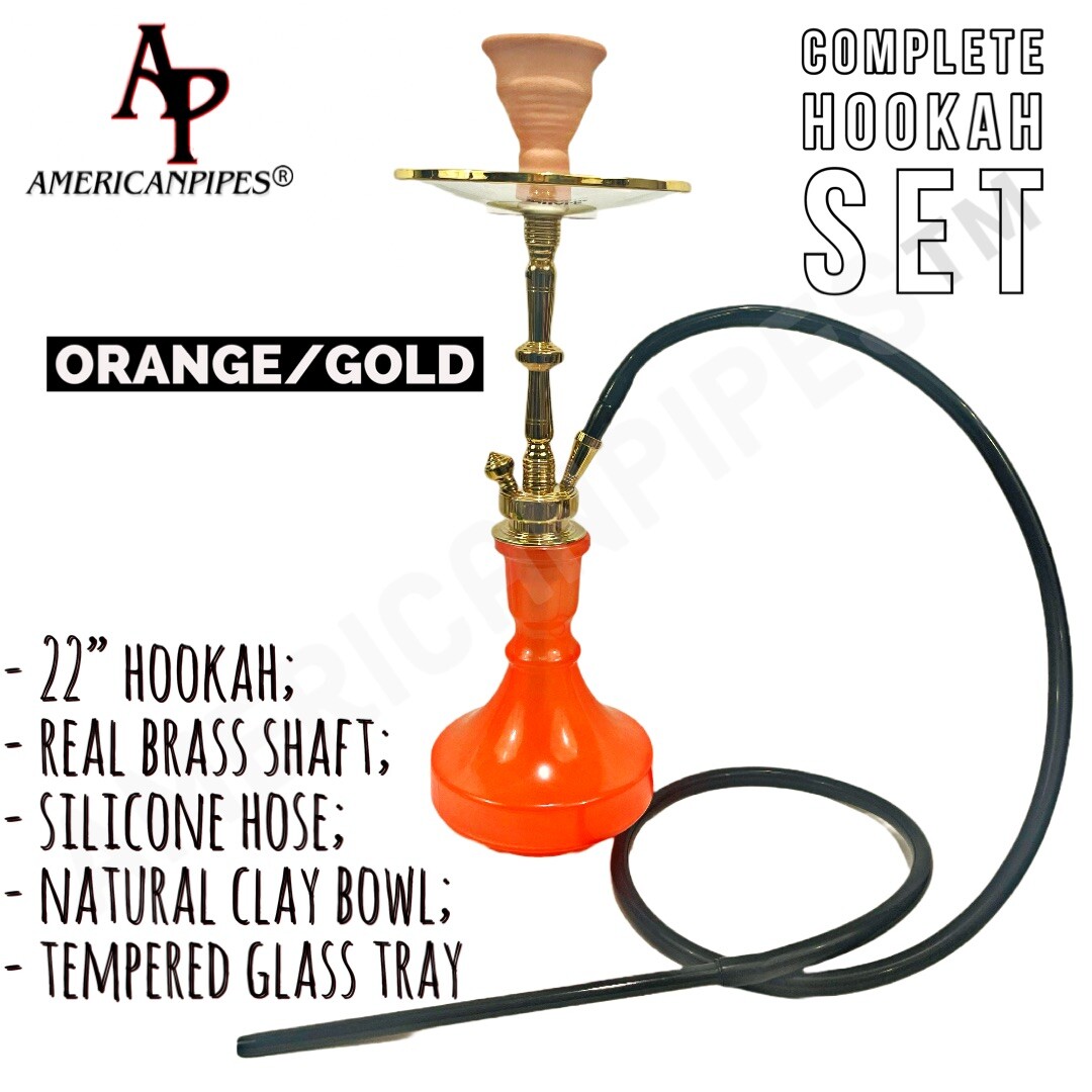 INHALE®️22” HOOKAH SOLID BRASS SHAFT, SILICONE HOSE, GLASS TRAY, ORANGE GLASS